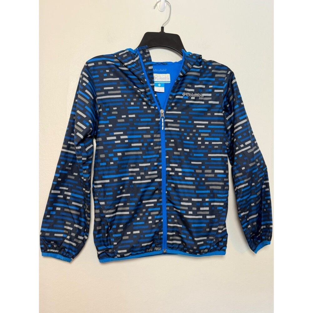 Columbia Kids Omni-Wick Hooded Windbreaker Jacket Blue Gray Print Size Medium